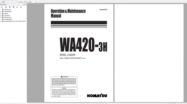 Komatsu Wheel Loader WA420 3H Operation Maintenance Manual VEAM470500 2002