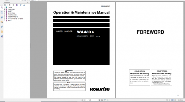 Komatsu Wheel Loader WA430 5 Operation Maintenance Manual PEN00085 07 2018