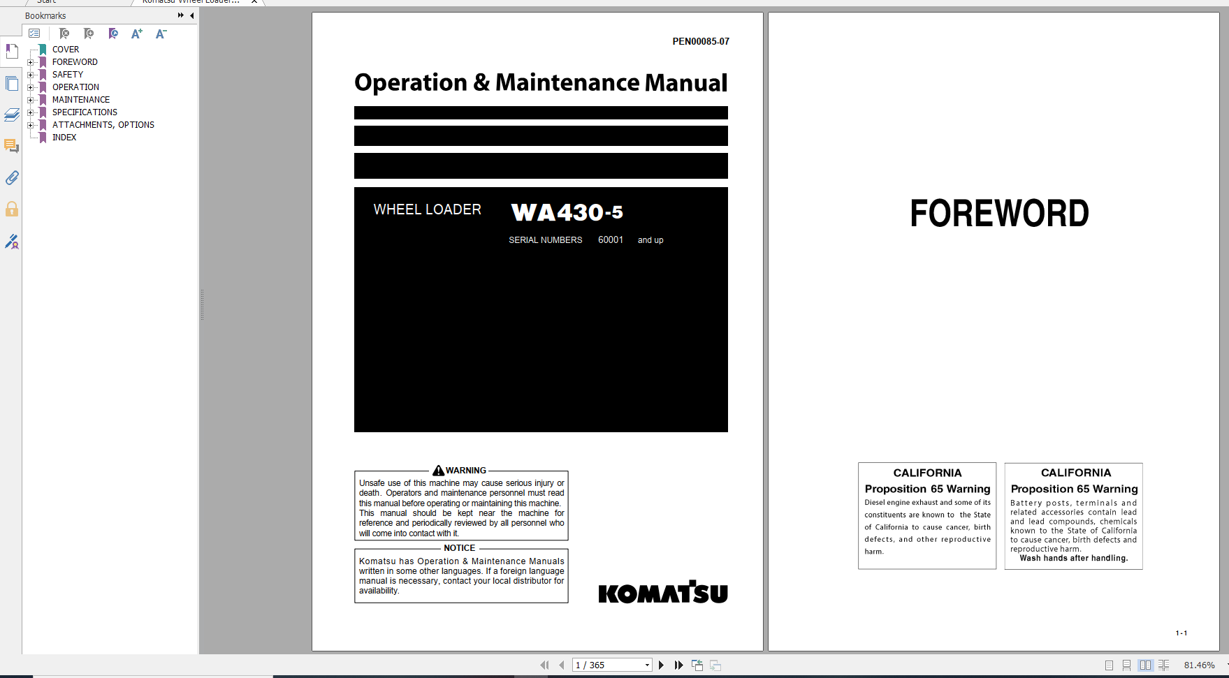 Komatsu Wheel Loader WA430 5 Operation Maintenance Manual PEN00085 07 2018