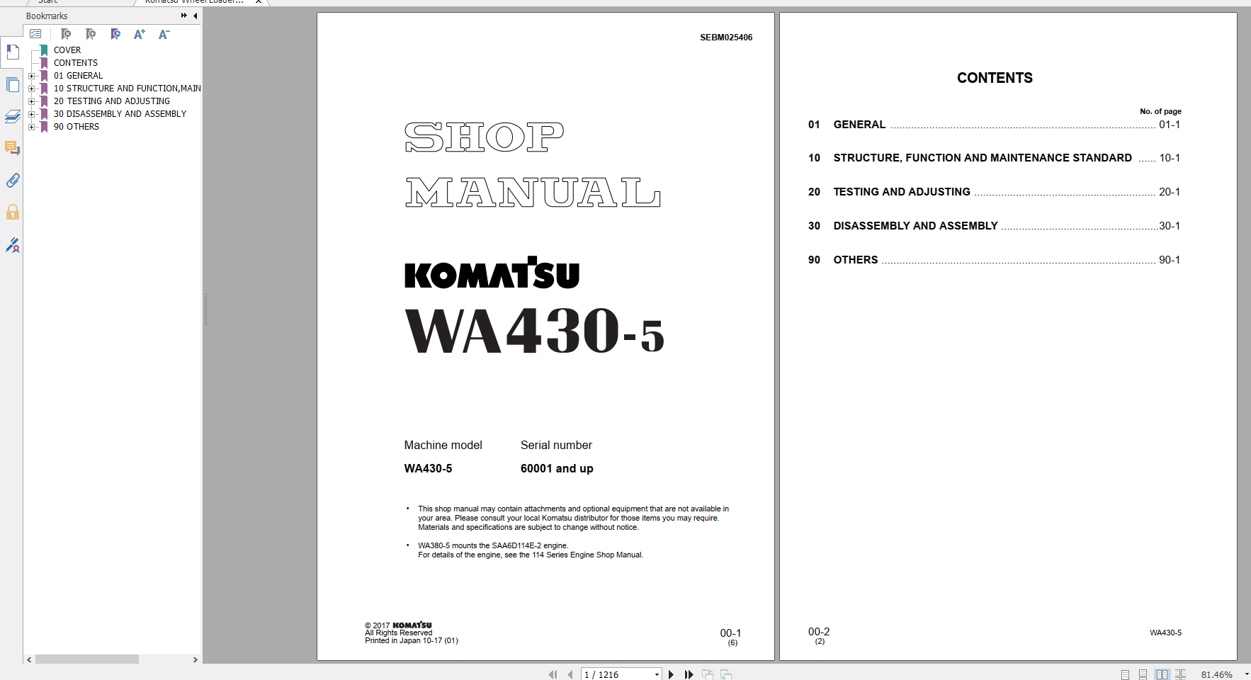 Komatsu Wheel Loader WA430 5 Shop Manual SEBM025406 2017 1