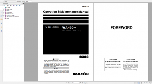 Komatsu Wheel Loader WA430 6 Operation Maintenance Manual PEN00516 07 2019