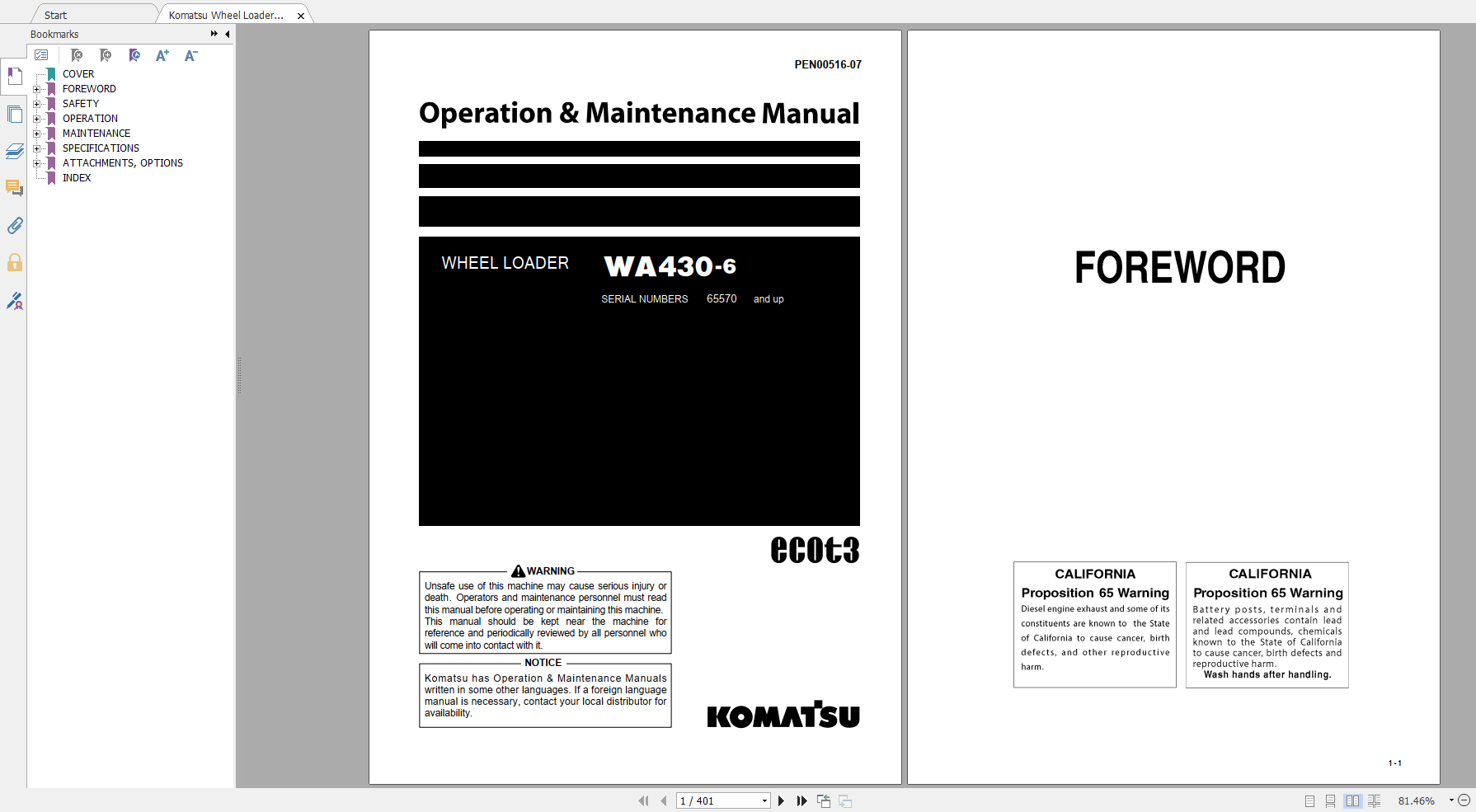 Komatsu Wheel Loader WA430 6 Operation Maintenance Manual PEN00516 07 2019