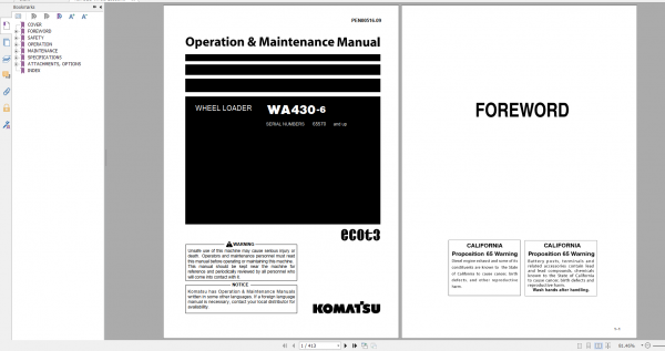 Komatsu Wheel Loader WA430 6 Operation Maintenance Manual PEN00516 09 2021