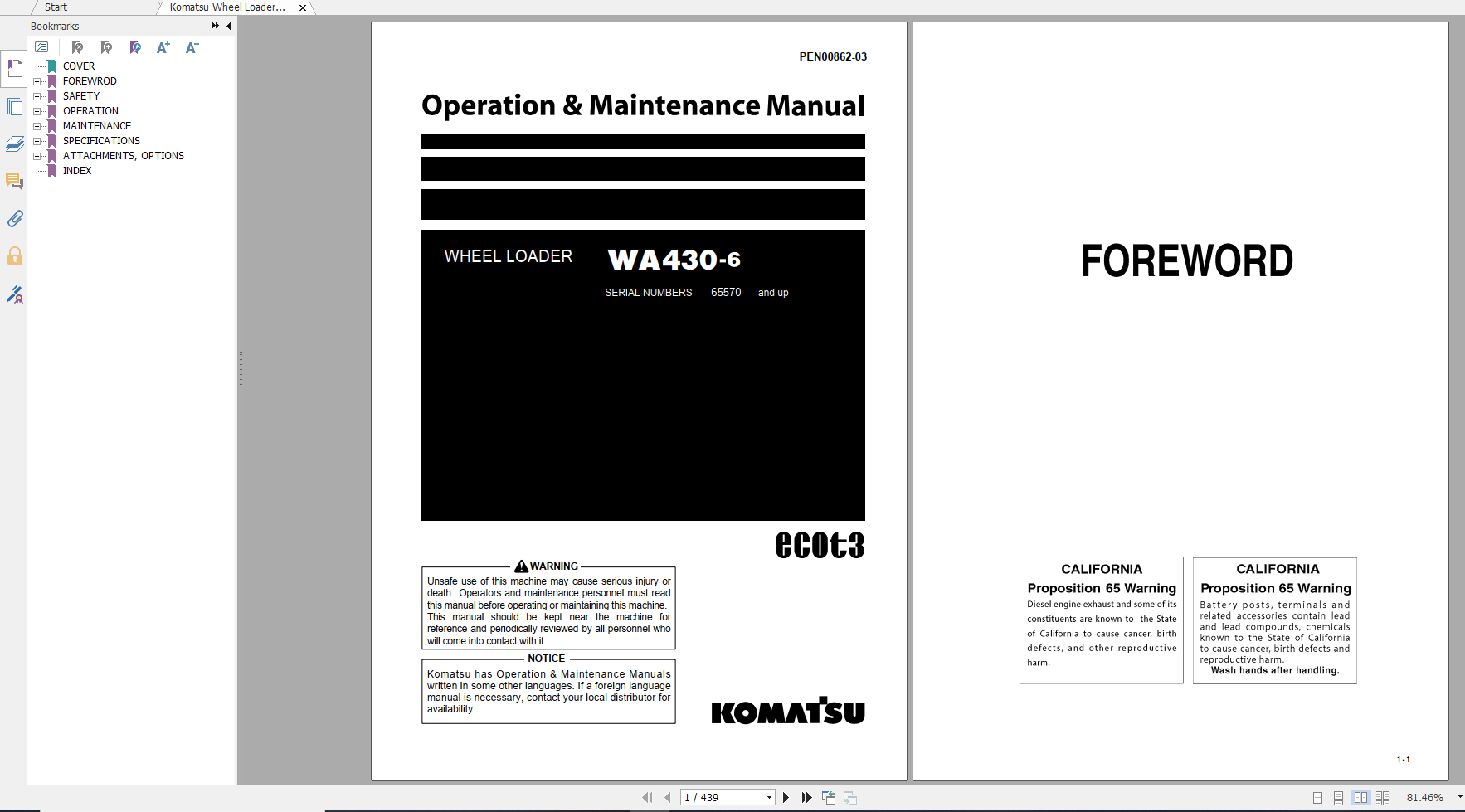 Komatsu Wheel Loader WA430 6 Operation Maintenance Manual PEN00862 03 2019