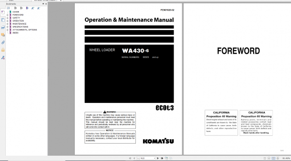 Komatsu Wheel Loader WA430 6 Operation Maintenance Manual PEN01020 02 2019