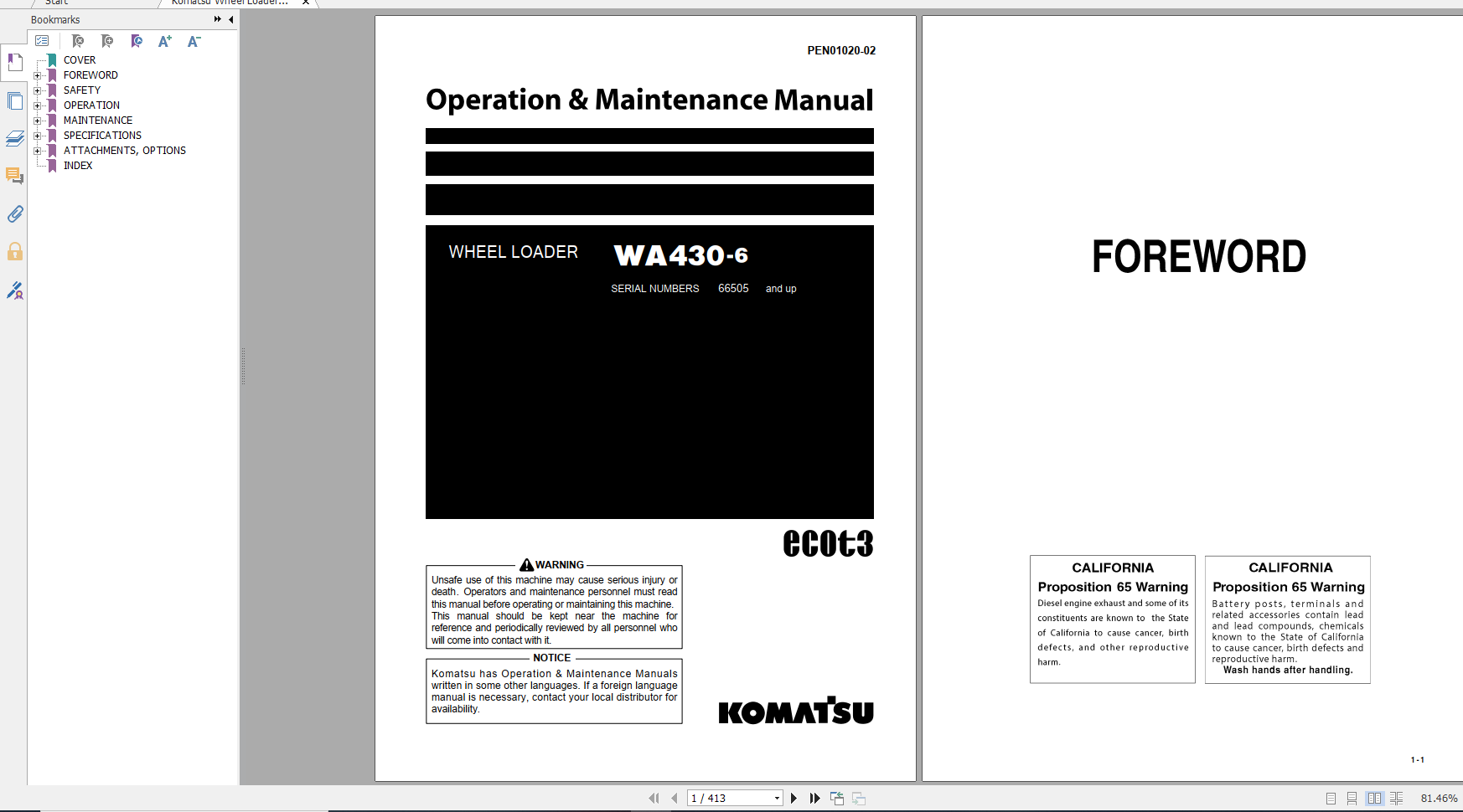 Komatsu Wheel Loader WA430 6 Operation Maintenance Manual PEN01020 02 2019