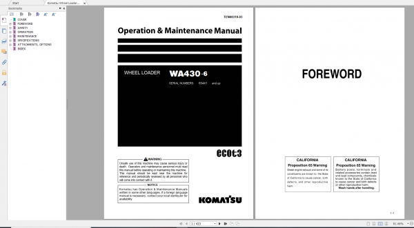 Komatsu Wheel Loader WA430 6 Operation Maintenance Manual TEN00318 03 2009