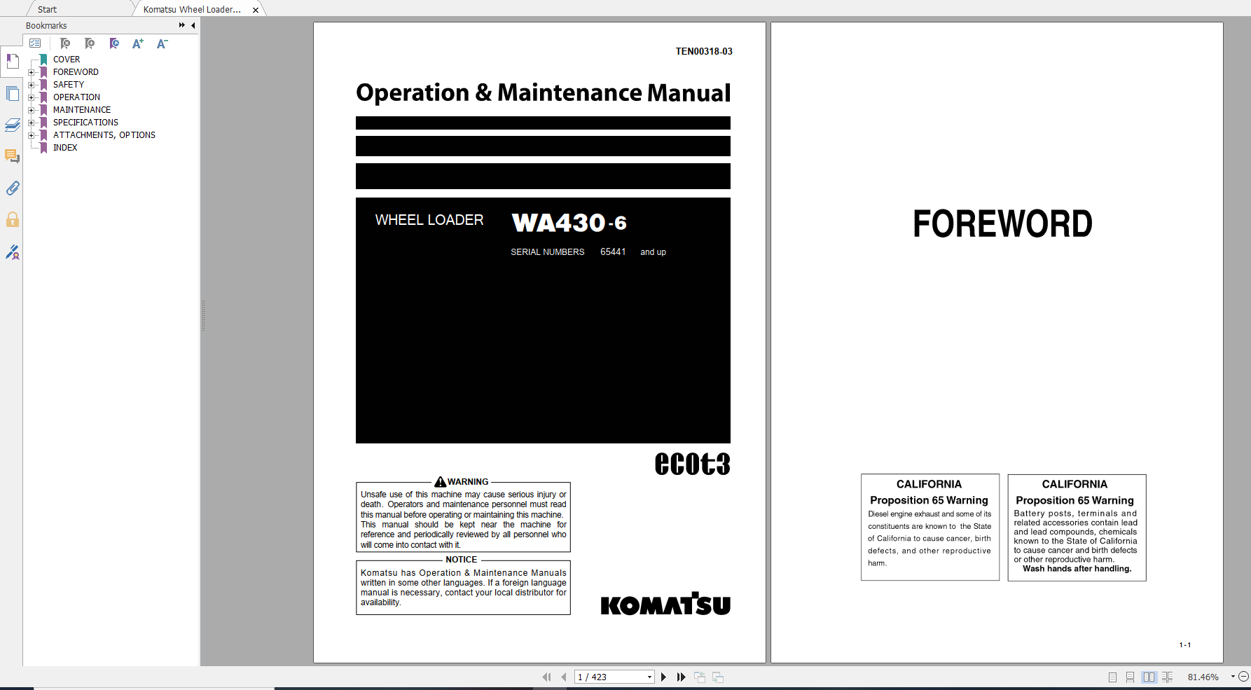 Komatsu Wheel Loader WA430 6 Operation Maintenance Manual TEN00318 03 2009