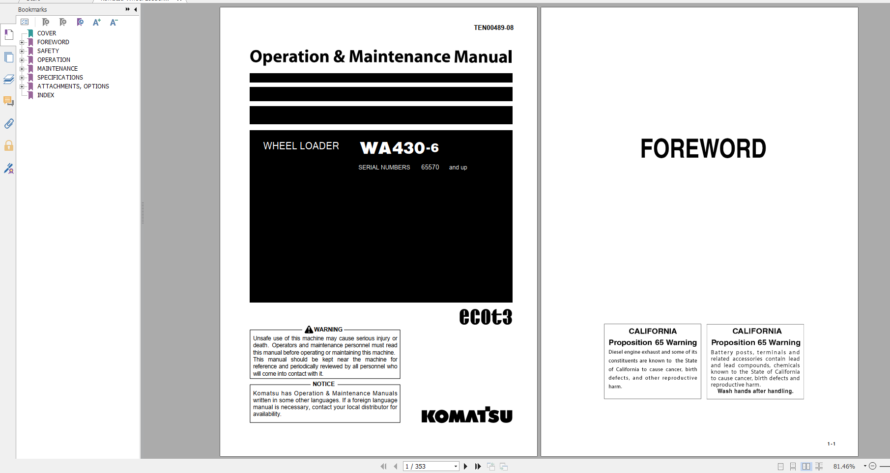 Komatsu Wheel Loader WA430 6 Operation Maintenance Manual TEN00472 08 2019