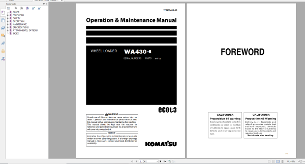Komatsu Wheel Loader WA430 6 Operation Maintenance Manual TEN00489 09 2021