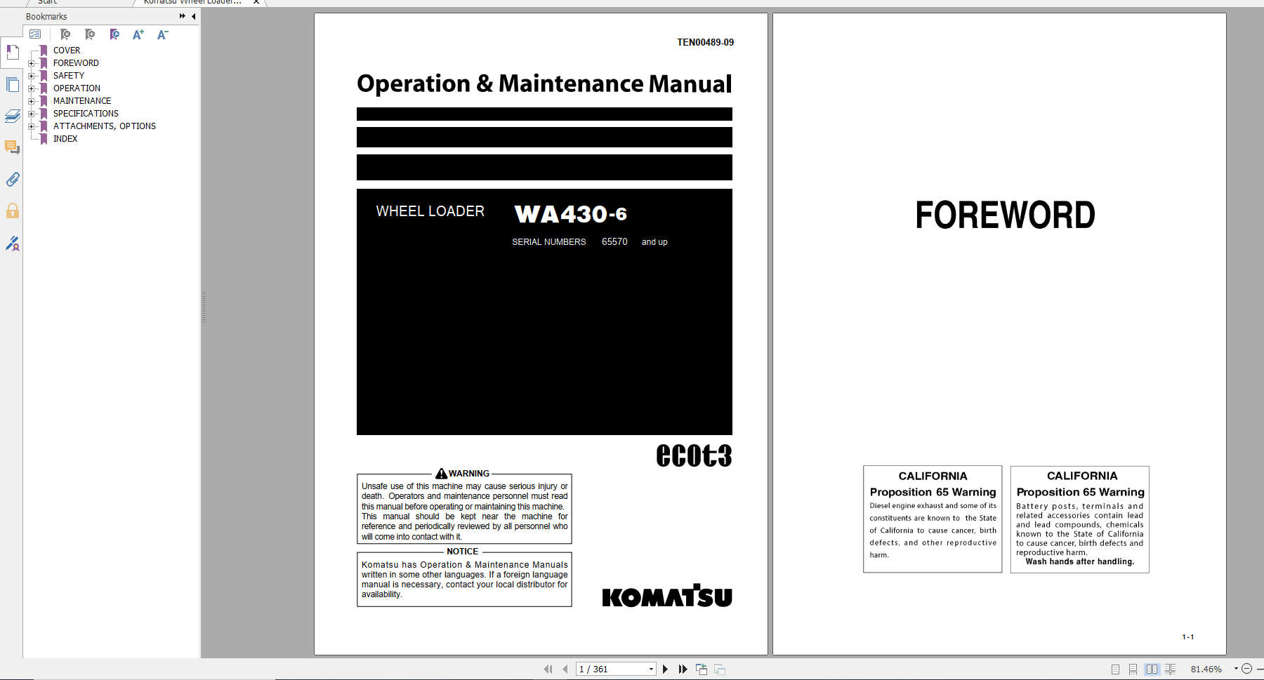 Komatsu Wheel Loader WA430 6 Operation Maintenance Manual TEN00489 09 2021
