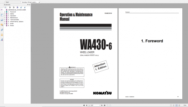 Komatsu Wheel Loader WA430 6 Operation Maintenance Manual VEAM350100 2005