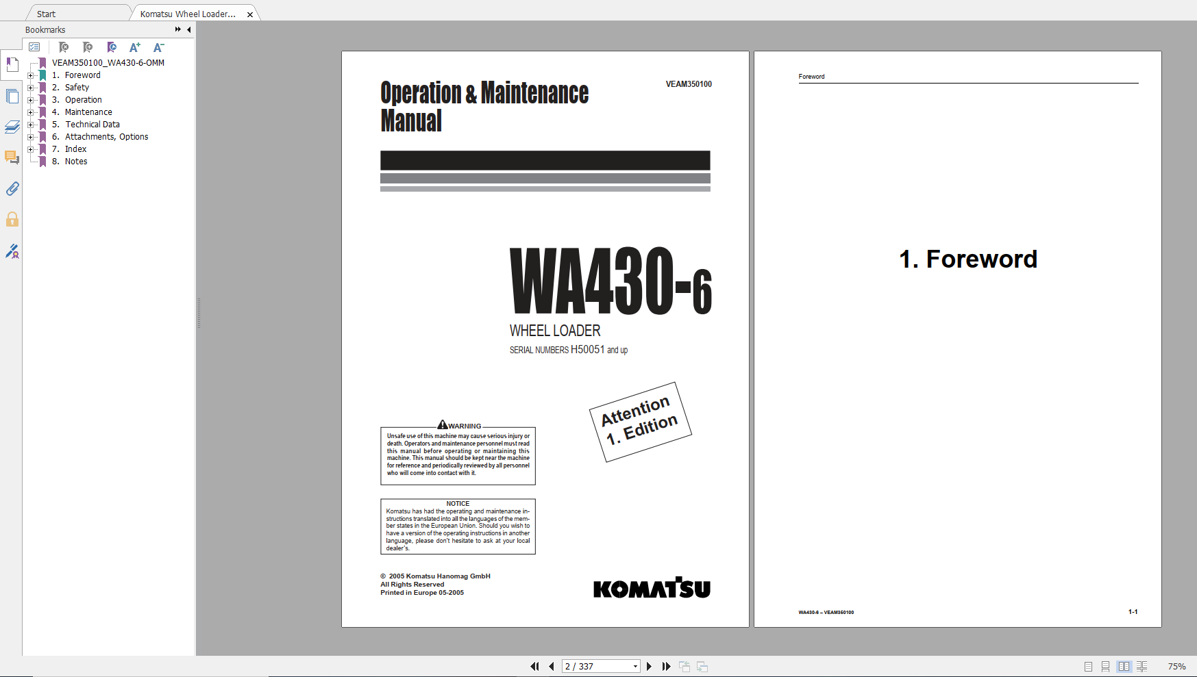 Komatsu Wheel Loader WA430 6 Operation Maintenance Manual VEAM350100 2005