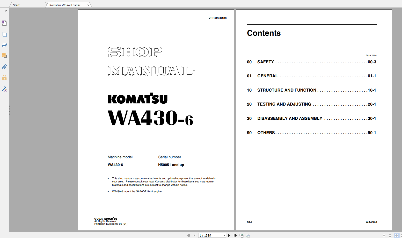 Komatsu Wheel Loader WA430 6 Shop Manual VEBM350100 0507 2005