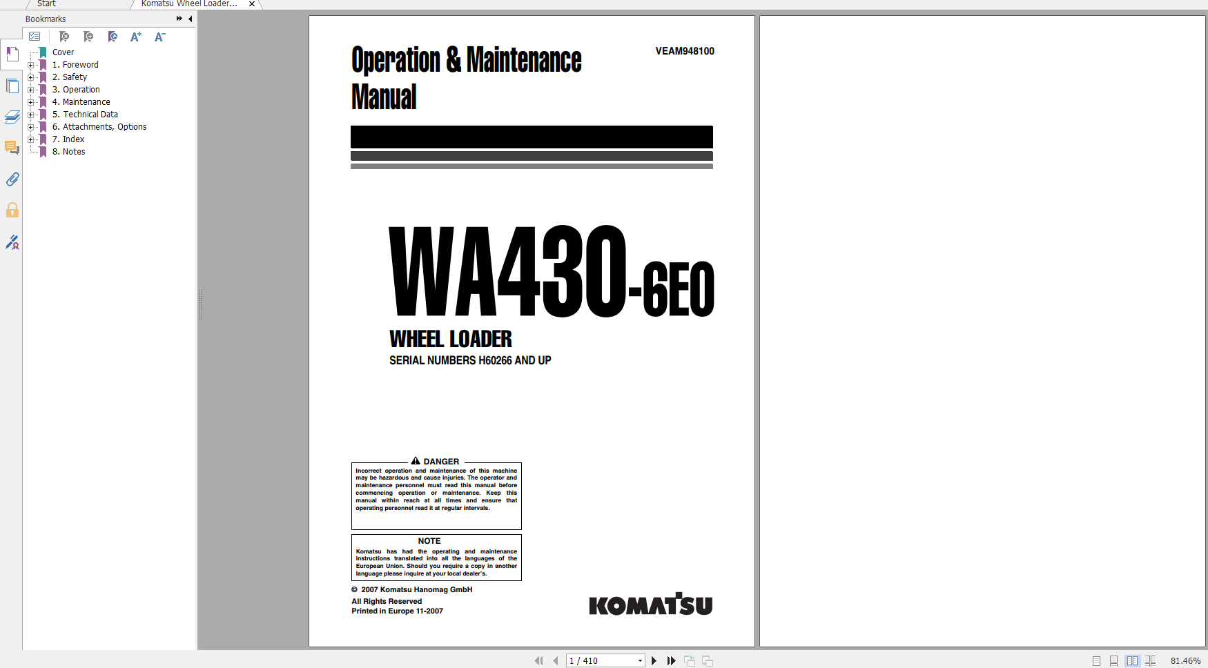 Komatsu Wheel Loader WA430 6E0 Operation Maintenance Manual VEAM948100 2007