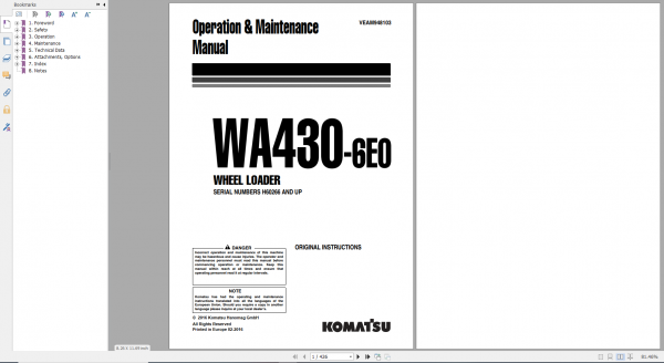 Komatsu Wheel Loader WA430 6E0 Operation Maintenance Manual VEAM948103 2016