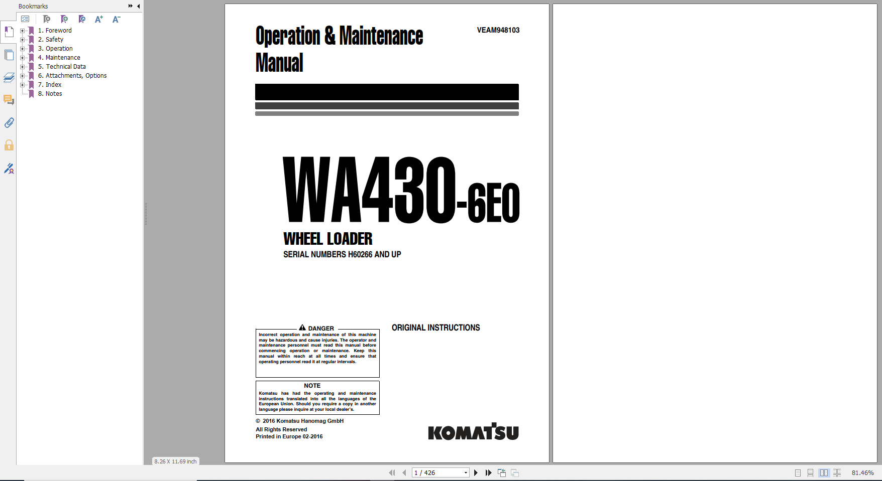 Komatsu Wheel Loader WA430 6E0 Operation Maintenance Manual VEAM948103 2016