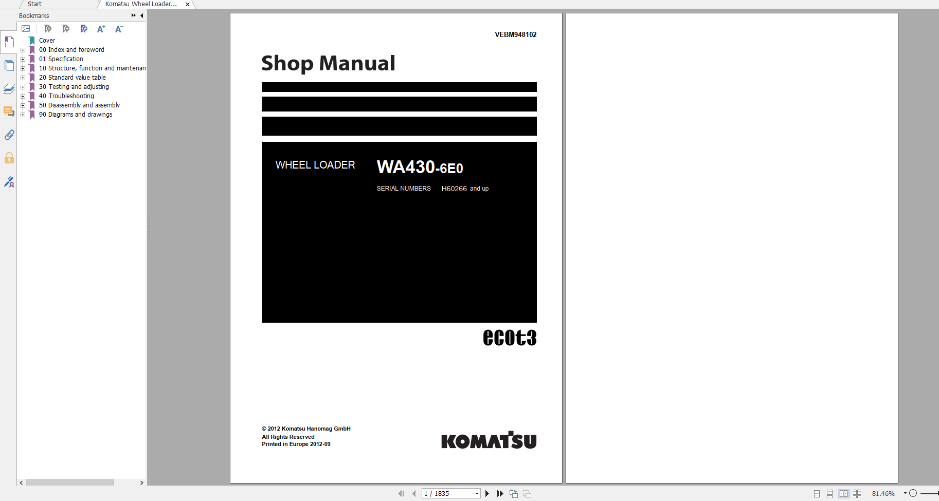 Komatsu Wheel Loader WA430 6E0 Shop Manual VEBM948102 2012