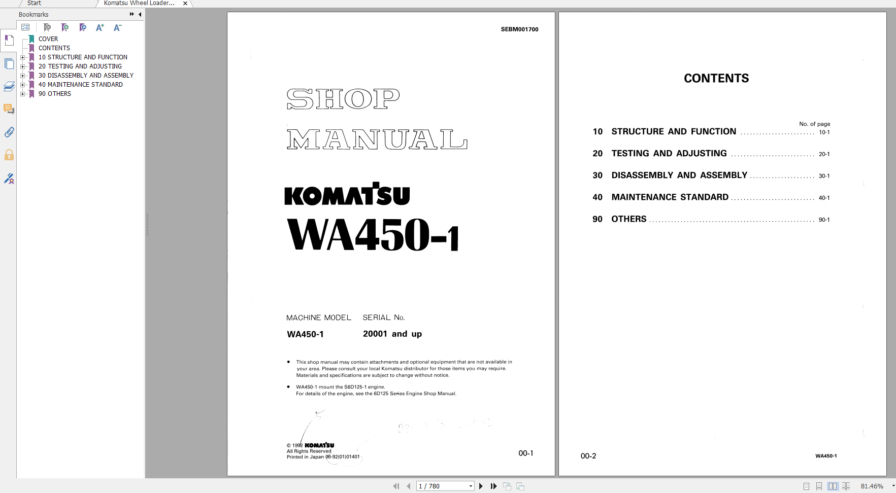 Komatsu Wheel Loader WA450 1 Shop Manual SEBM001700 1992