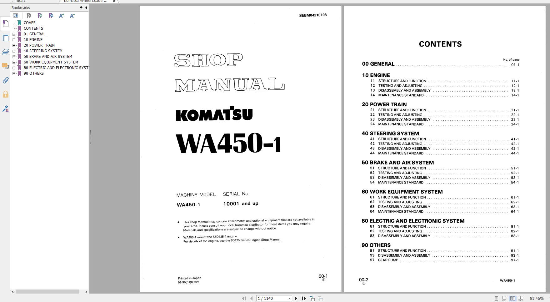 Komatsu Wheel Loader WA450 1 Shop Manual SEBM04210108 1990