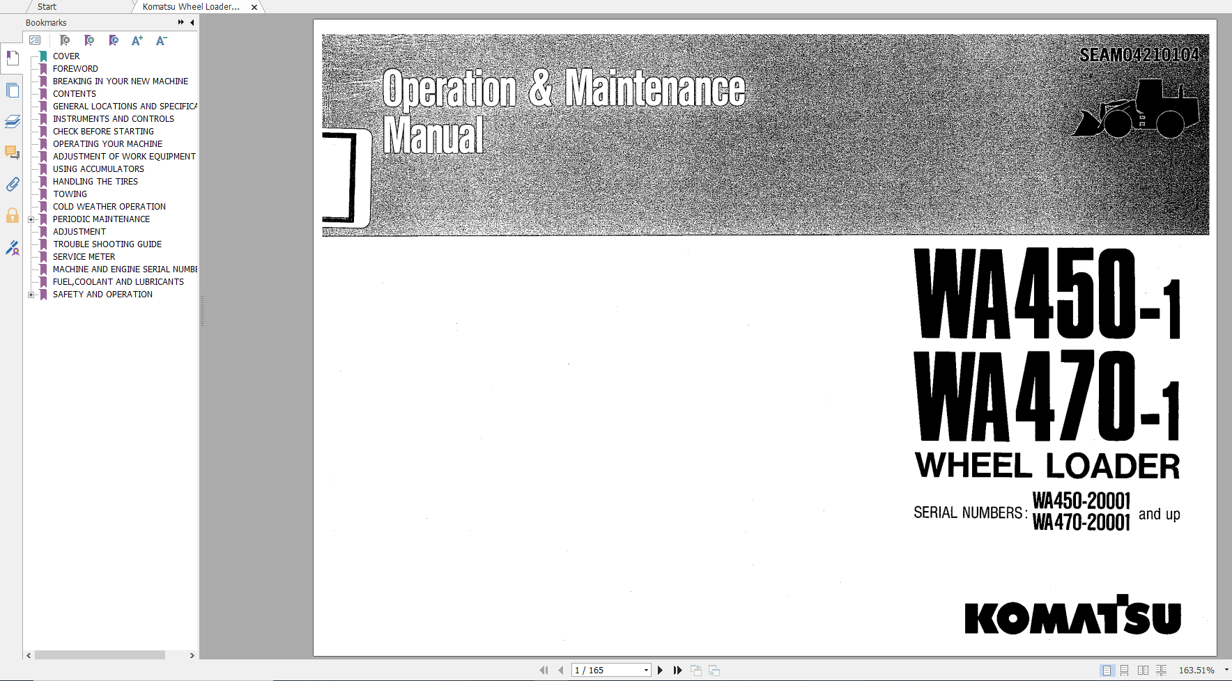 Komatsu Wheel Loader WA450 1 WA470 1 Operation Maintenance Manual SEAM04210104