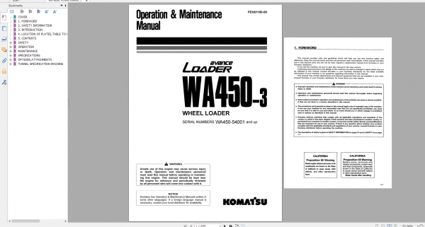 Komatsu Wheel Loader WA450 3 Operation Maintenance Manual PEN01185 00 2018