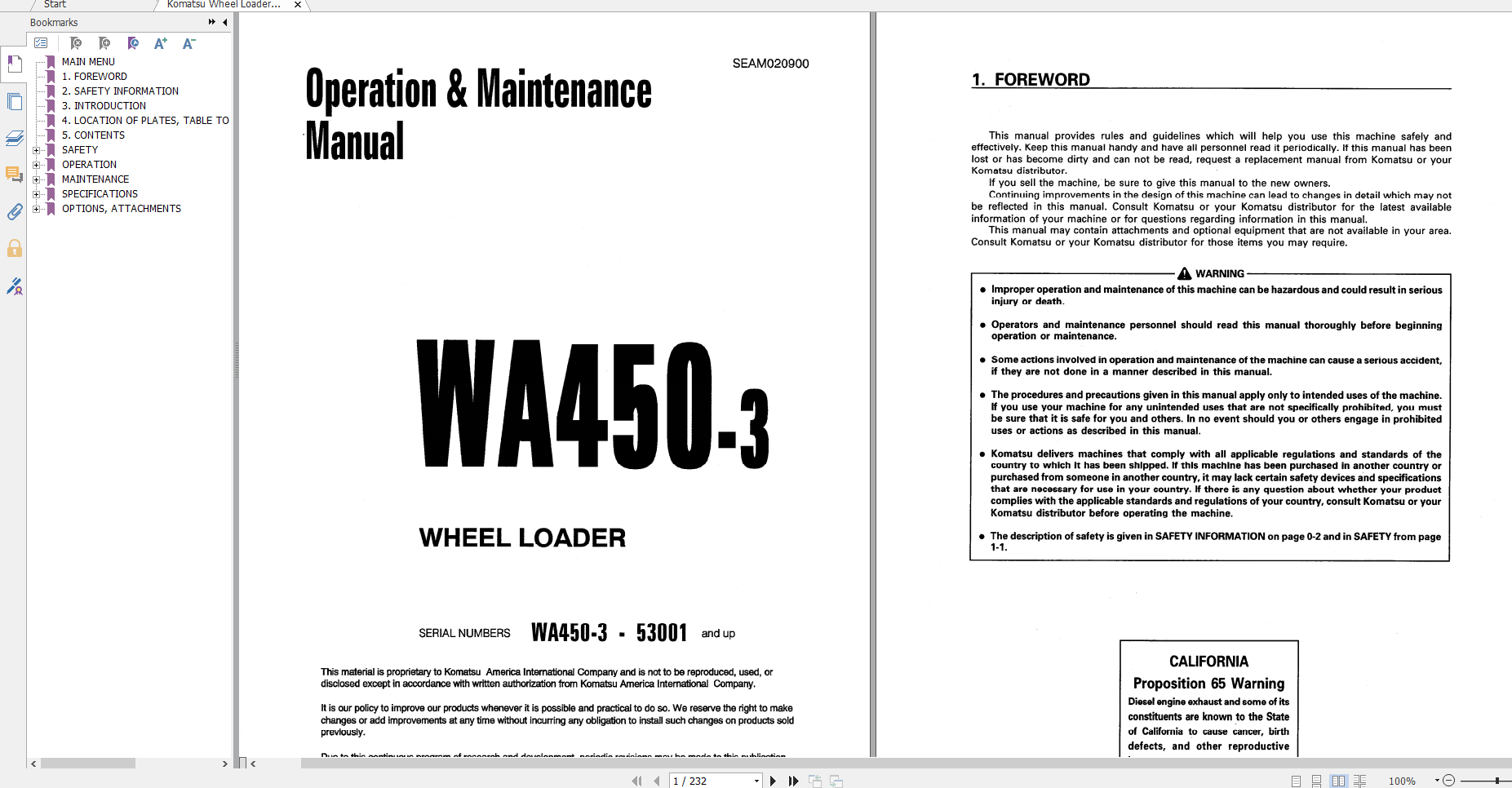 Komatsu Wheel Loader WA450 3 Operation Maintenance Manual SEAD020900 1998