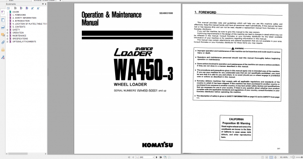 Komatsu Wheel Loader WA450 3 Operation Maintenance Manual SEAM031900 1999