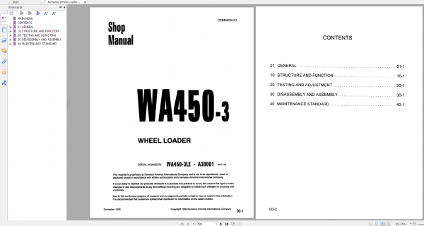 Komatsu Wheel Loader WA450 3 Shop Manual CEBD000401 1990