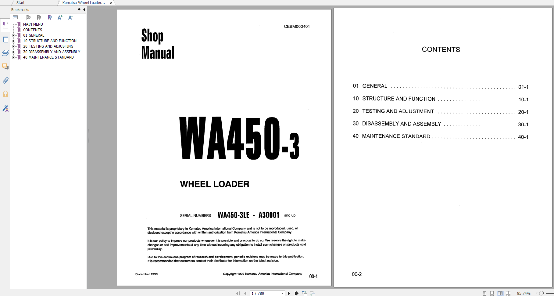 Komatsu Wheel Loader WA450 3 Shop Manual CEBD000401 1990