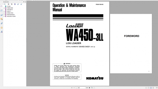 Komatsu Wheel Loader WA450 3LL Operation Maintenance Manual PEN01186 00 2018