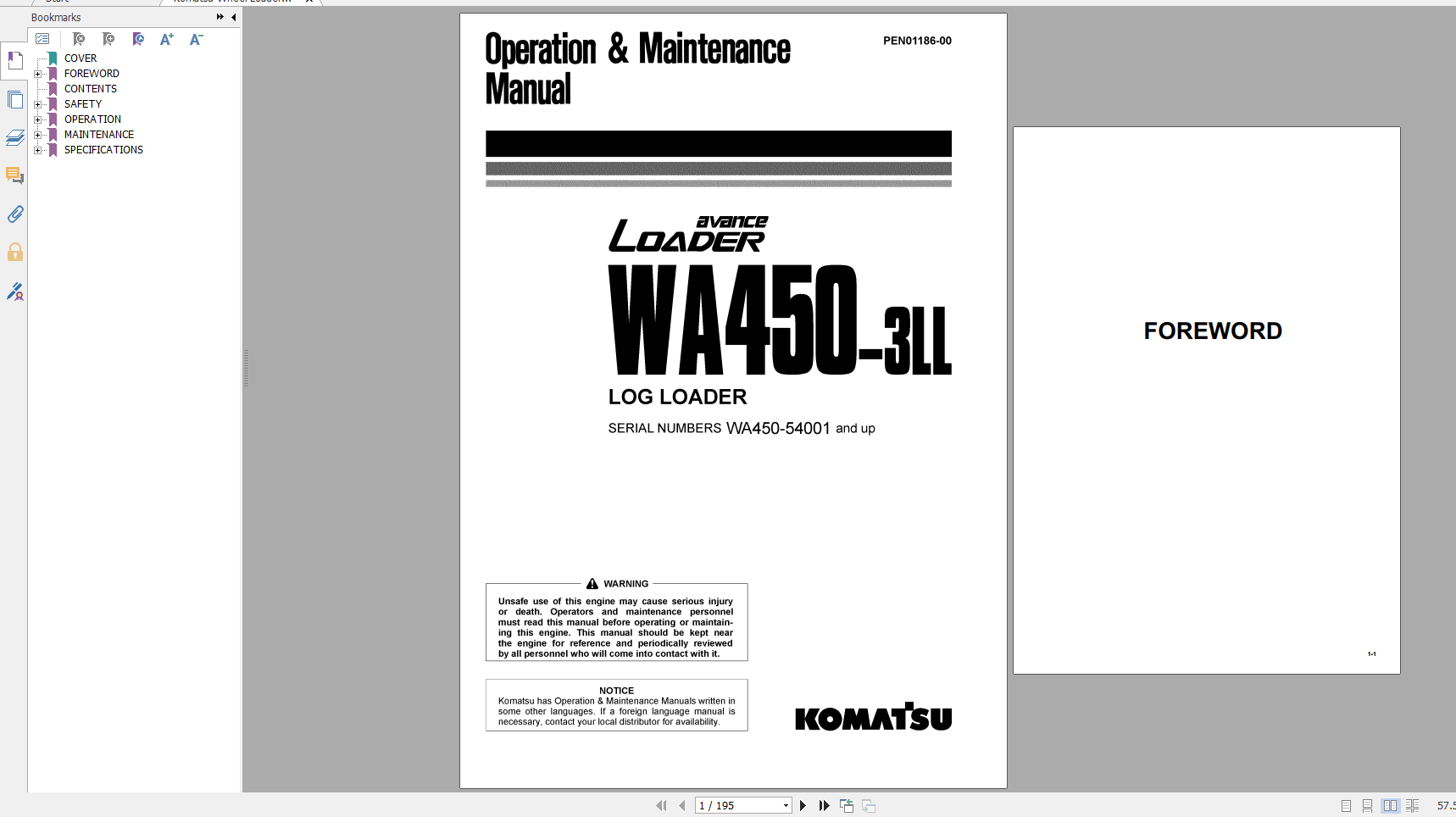 Komatsu Wheel Loader WA450 3LL Operation Maintenance Manual PEN01186 00 2018