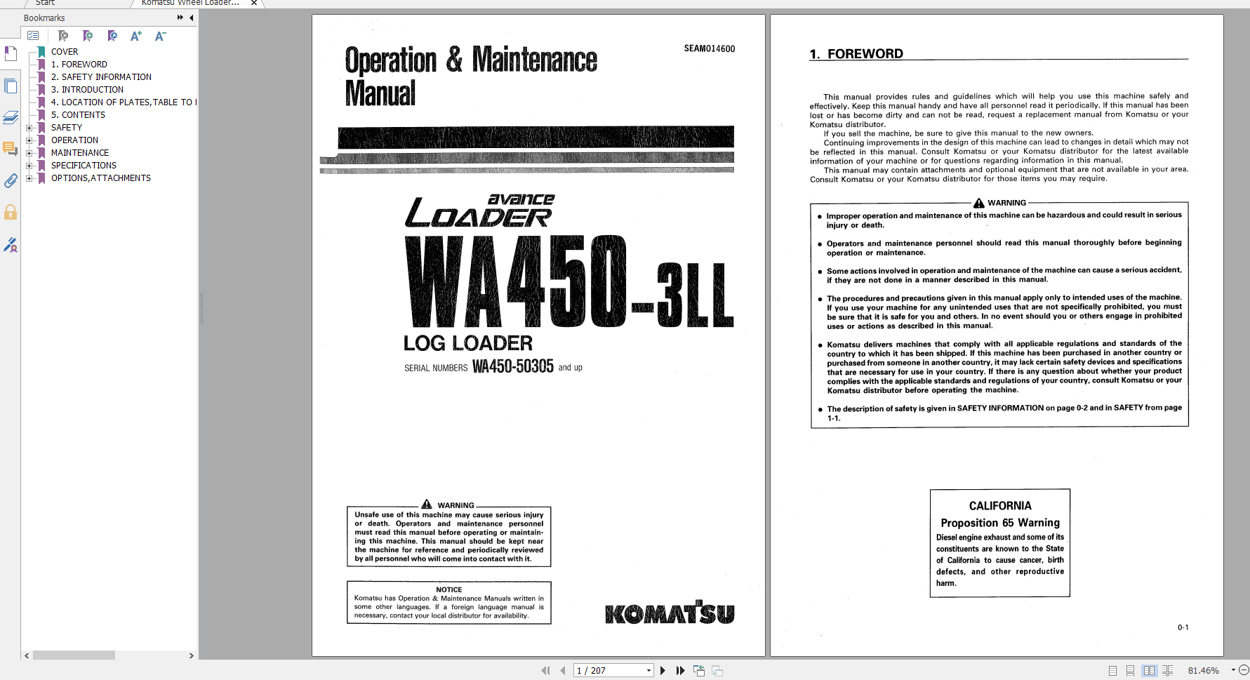 Komatsu Wheel Loader WA450 3LL Operation Maintenance Manual SEAM014600