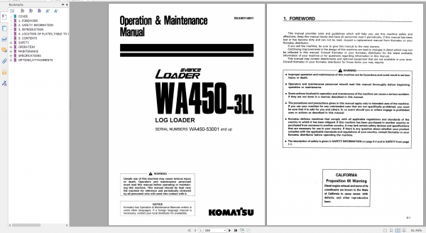 Komatsu Wheel Loader WA450 3LL Operation Maintenance Manual SEAM014601 1997