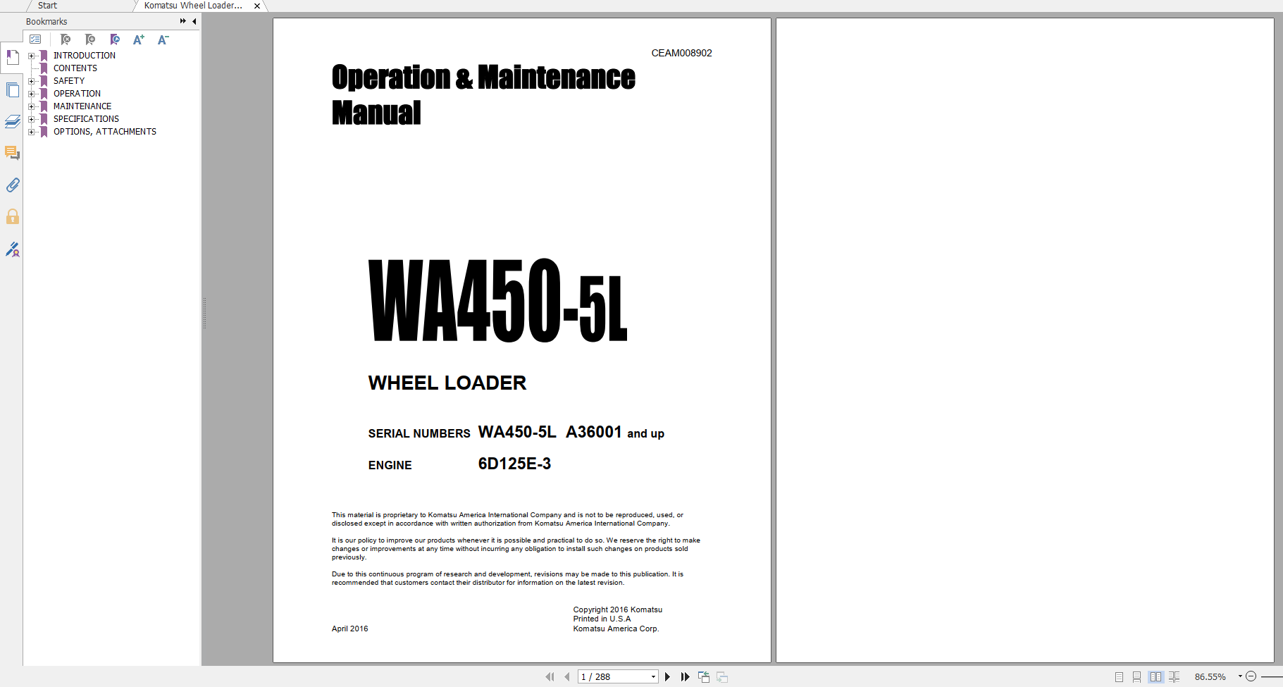Komatsu Wheel Loader WA450 5L Engine 6D125E 3 Operation Maintenance Manual CEAM008902 2016