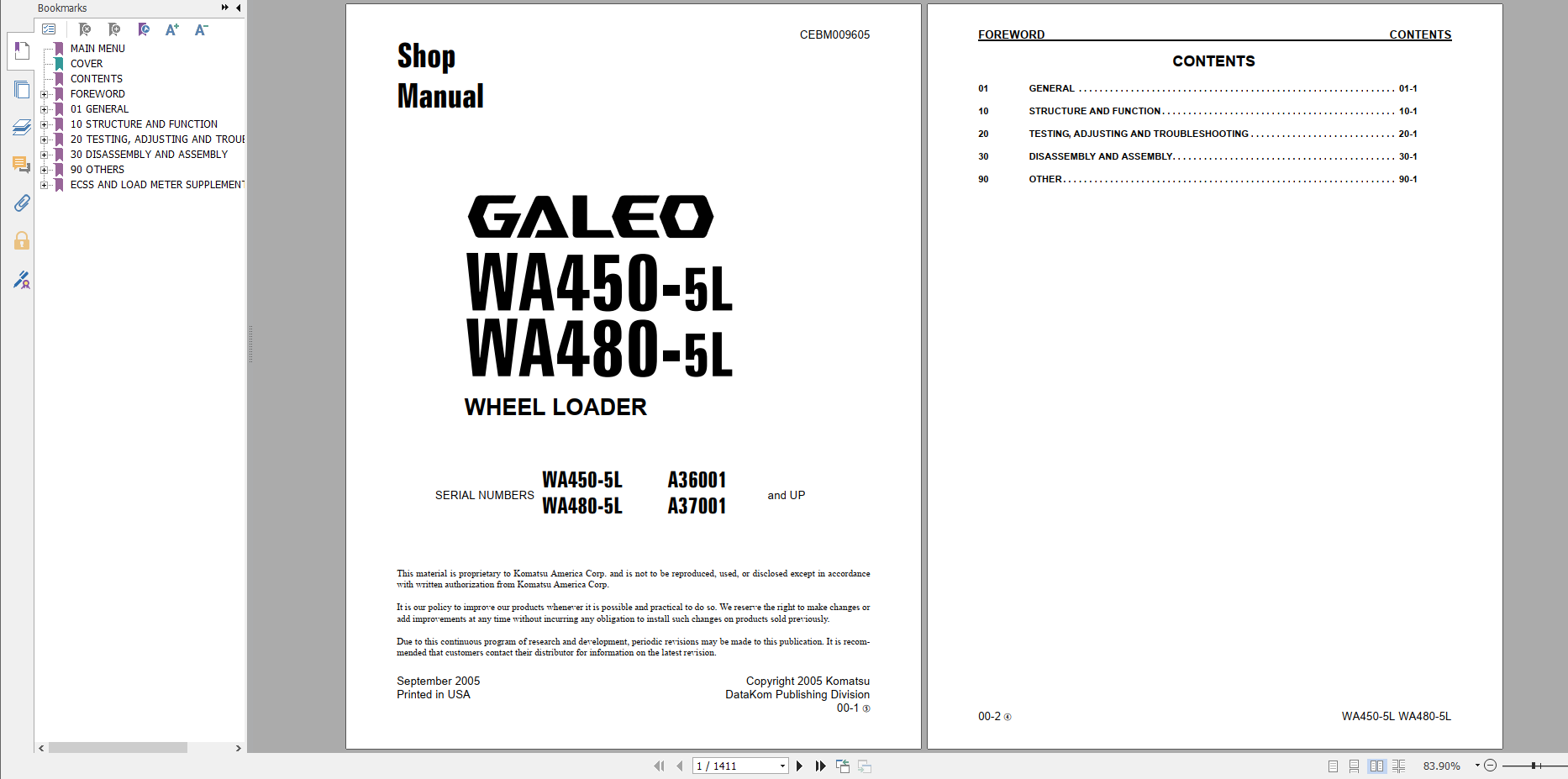 Komatsu Wheel Loader WA450 5L WA480 5L Shop Manual CEBM009605 2005