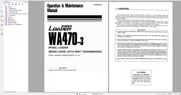 Komatsu Wheel Loader WA470 3 Mono Lever Auto Shift Transmission Operation Maintenance Manual PEN0026