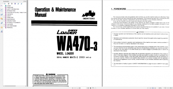 Komatsu Wheel Loader WA470 3 Operation Maintenance Manual OMEW4700K0 1998