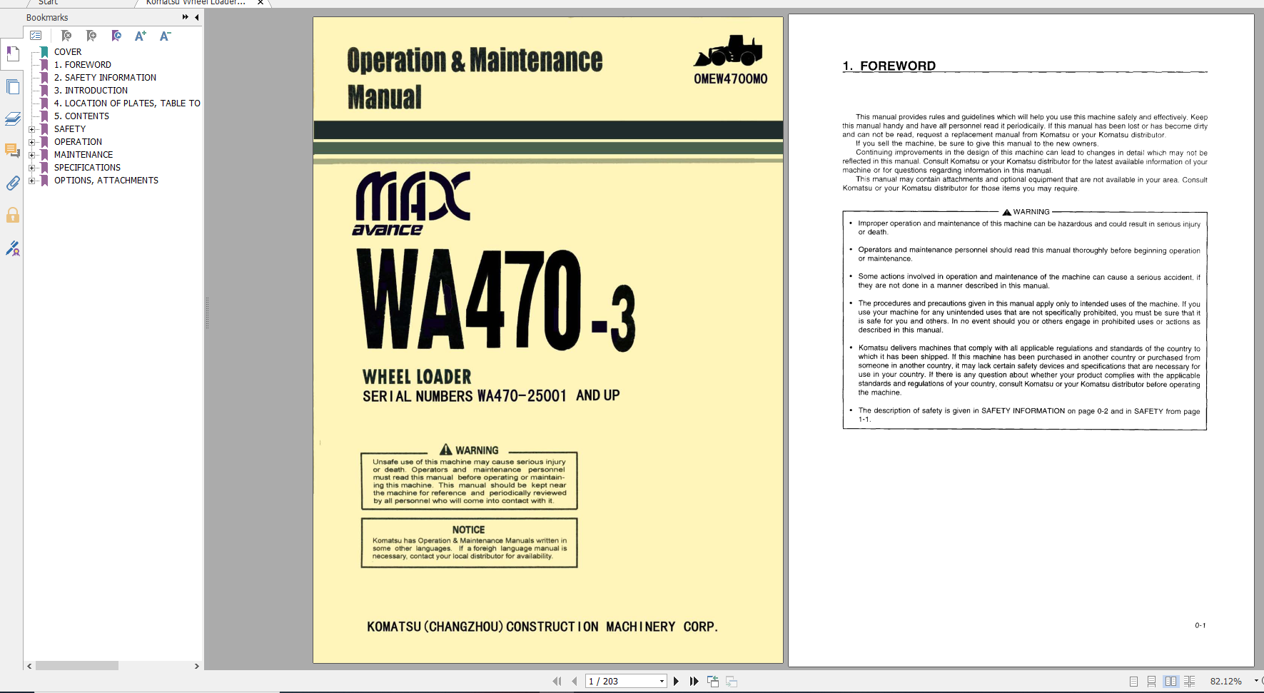Komatsu Wheel Loader WA470 3 Operation Maintenance Manual OMEW4700M0