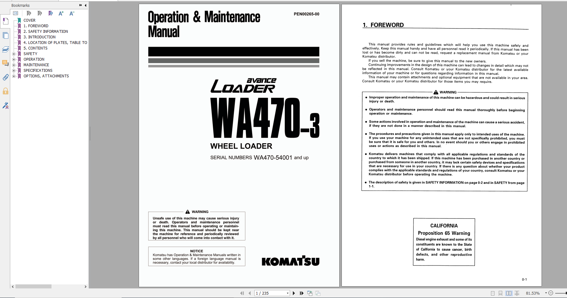 Komatsu Wheel Loader WA470 3 Operation Maintenance Manual PEN00265 00 2007