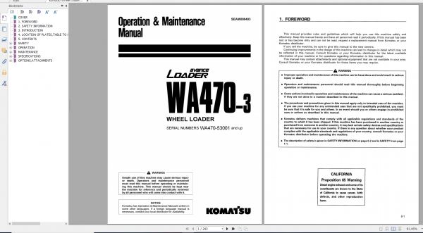 Komatsu Wheel Loader WA470 3 Operation Maintenance Manual SEAM008403 1998