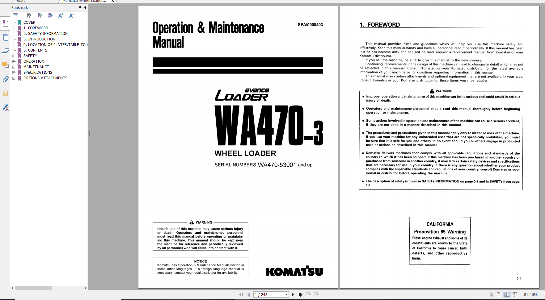 Komatsu Wheel Loader WA470 3 Operation Maintenance Manual SEAM008403 1998
