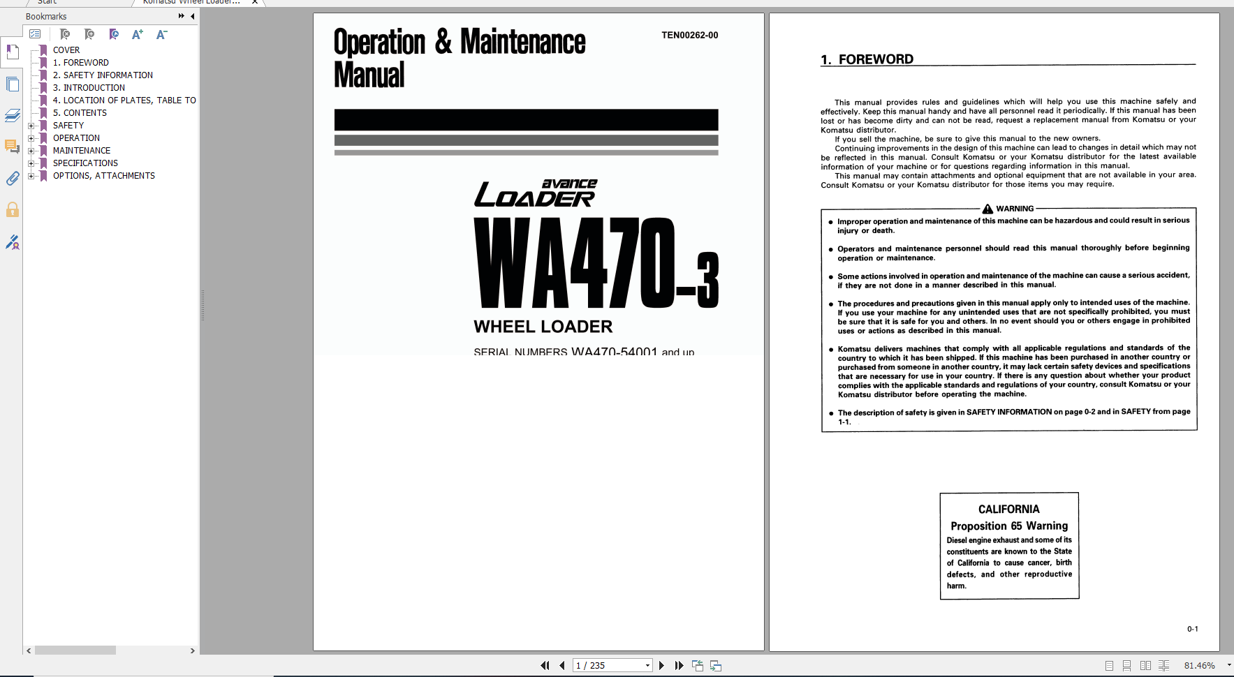Komatsu Wheel Loader WA470 3 Operation Maintenance Manual TEN00262 00 2007