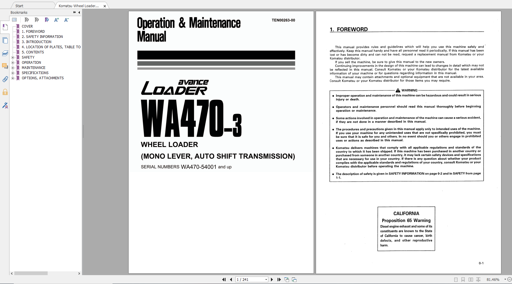 Komatsu Wheel Loader WA470 3 Operation Maintenance Manual TEN00263 00 2007