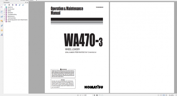 Komatsu Wheel Loader WA470 3 Operation Maintenance Manual VEAM480500 1999