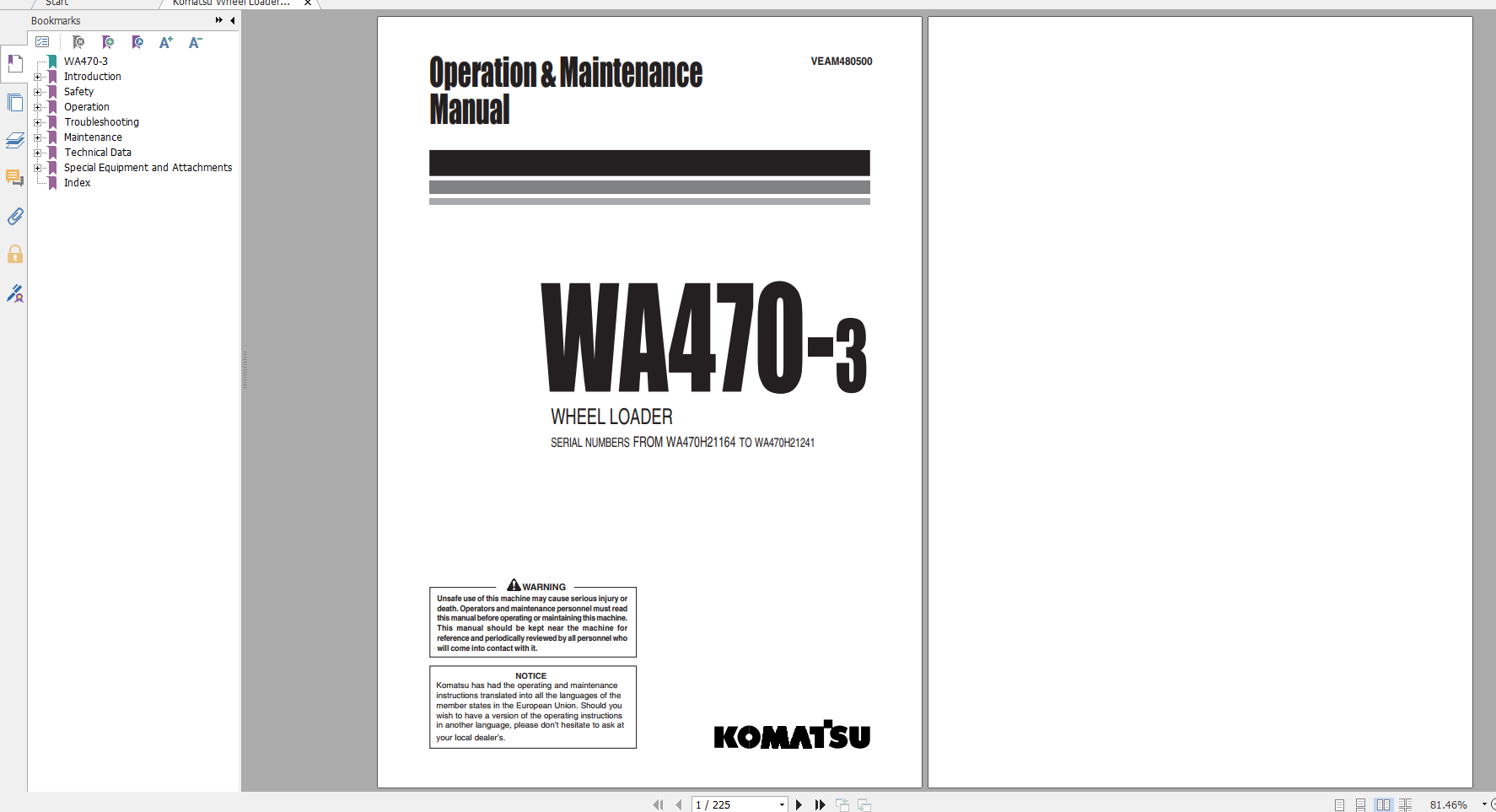Komatsu Wheel Loader WA470 3 Operation Maintenance Manual VEAM480500 1999