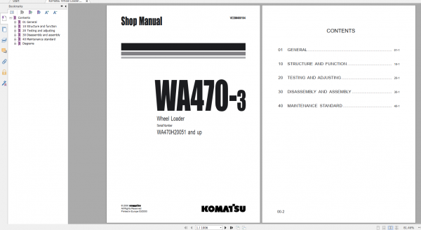 Komatsu Wheel Loader WA470 3 Shop Manual VEBM480104 2000