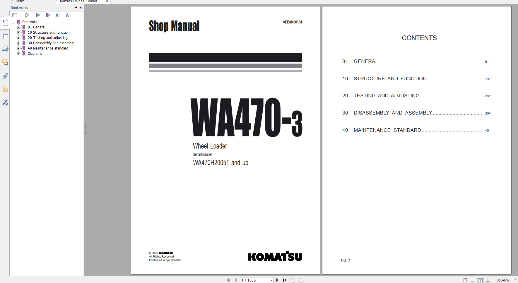 Komatsu Wheel Loader WA470 3 Shop Manual VEBM480104 2000