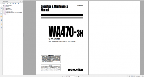 Komatsu Wheel Loader WA470 3H Operation Maintenance Manual VEAM480200 1999
