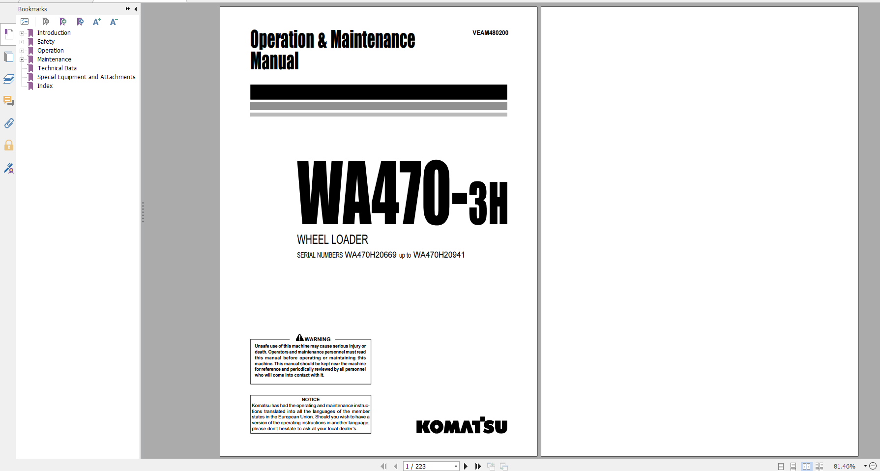 Komatsu Wheel Loader WA470 3H Operation Maintenance Manual VEAM480200 1999